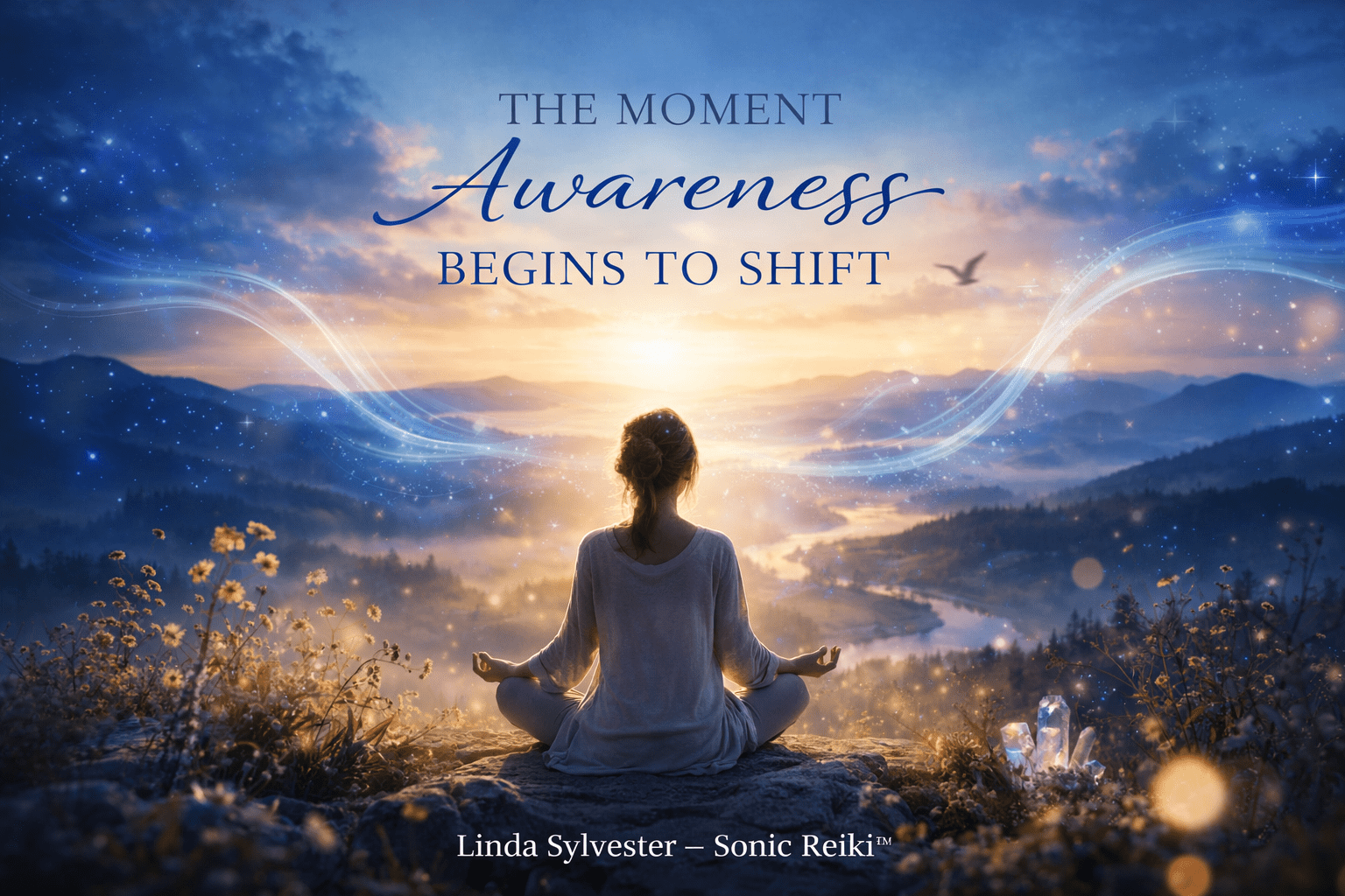 a woman meditating on a mountaintop a sunrise with flowing energy, symbolizing the moment awareness begins to shift a Sonic Reiki